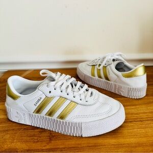 Adidas Sambarose Women Size 5.5 EE4681 White Gold Metallic Leather Sneakers